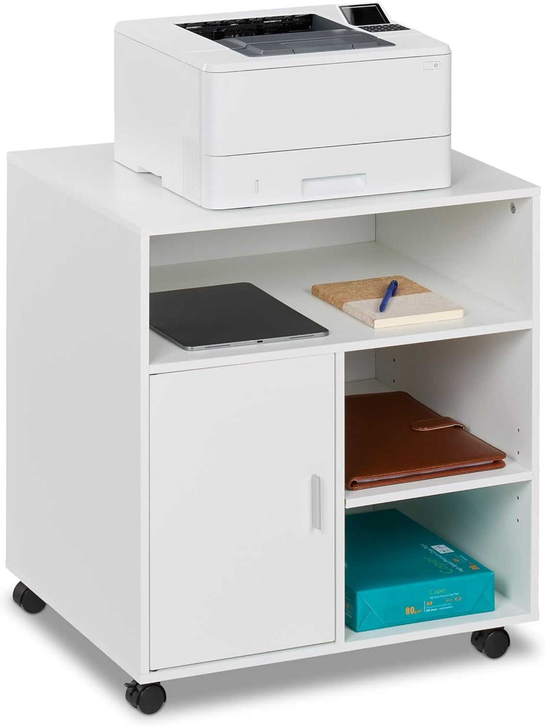 Mesa Auxiliar para Impresora con Cinco Cajones Puerta Cerrada y Ruedas para Oficina Blanco