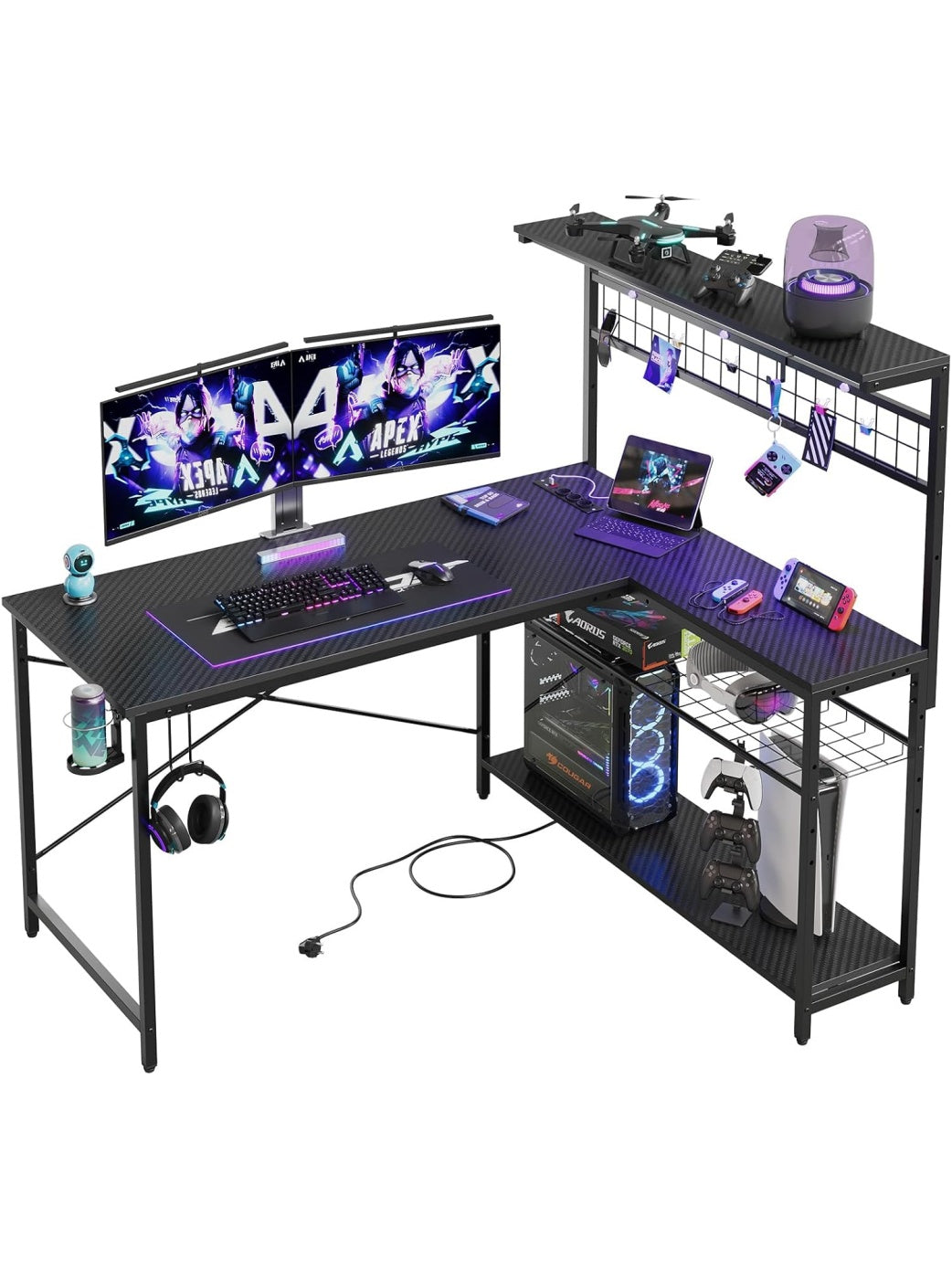 Mesa Gaming en Forma L con Luz LED, Enchufe Integrado y Superficie de Fibra de Carbono