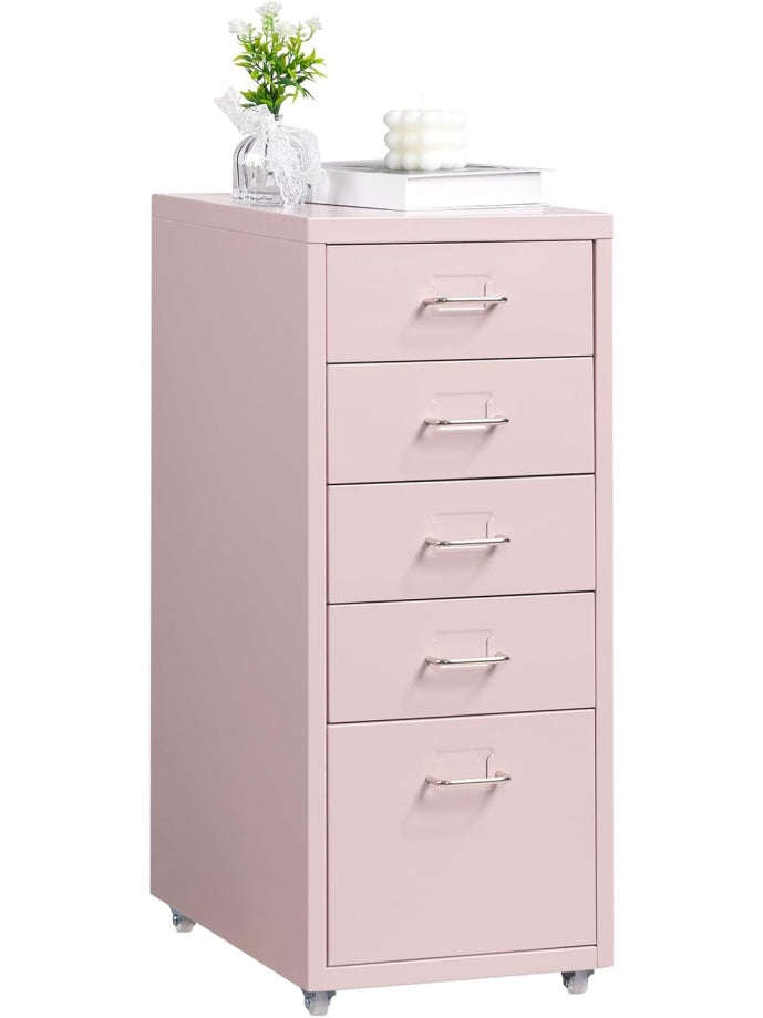 Gabinete Rodante de Archivo Metalico con Cinco Cajones para Documentos y Almacenamiento Bajo Escritorio Rosa Claro