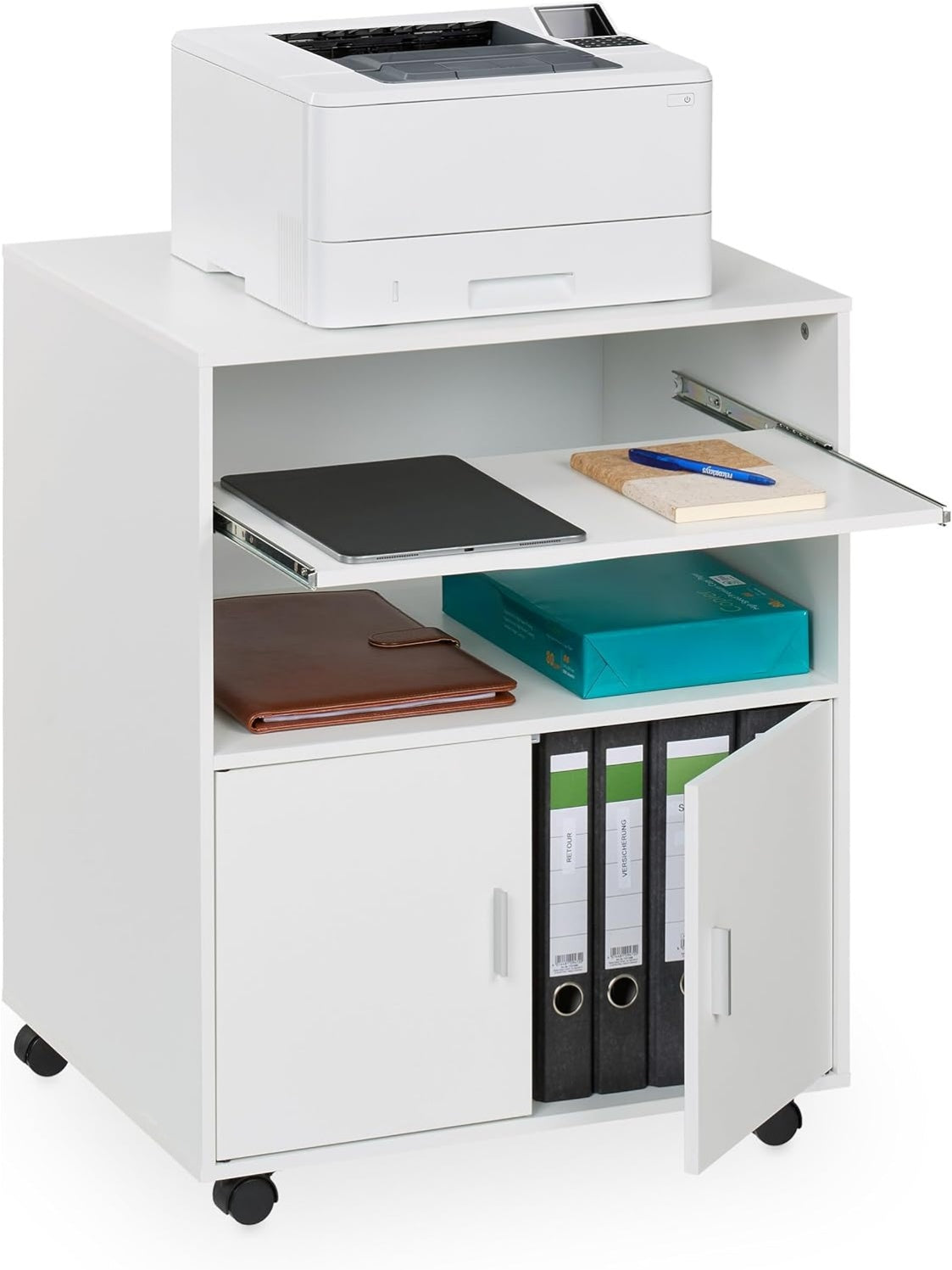 Mueble Auxiliar para Impresora con Cajones, Bandeja para Teclado y Ruedas