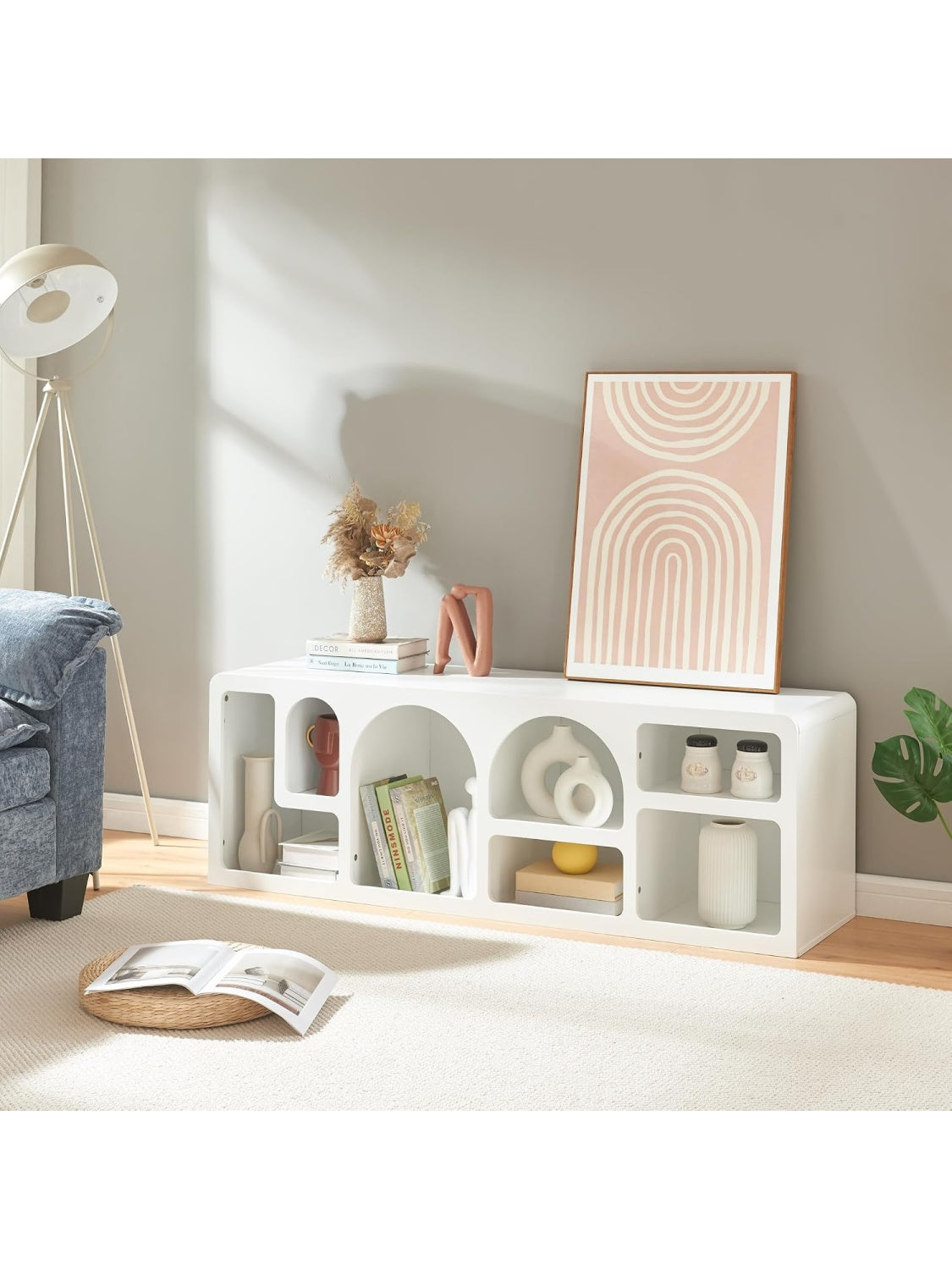 Mueble de TV con 7 Compartimentos Abiertos y Diseno Moderno para Salon u Oficina
