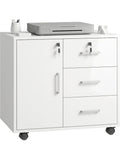 Mueble para Impresora con Puerta Cajones Cerradura Estante Regulable y Ruedas para Oficina Blanco