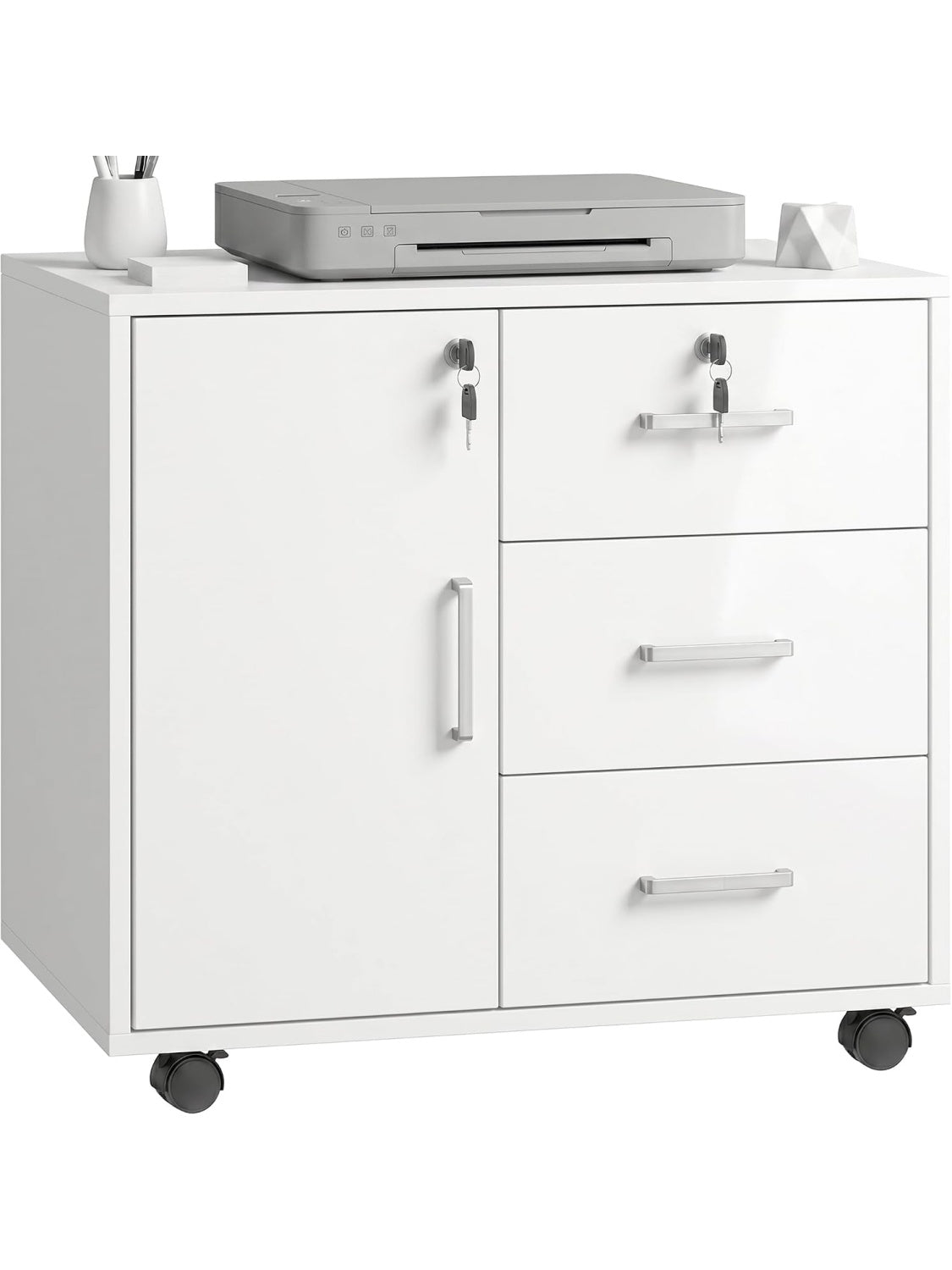 Mueble para Impresora con Puerta Cajones Cerradura Estante Regulable y Ruedas para Oficina Blanco