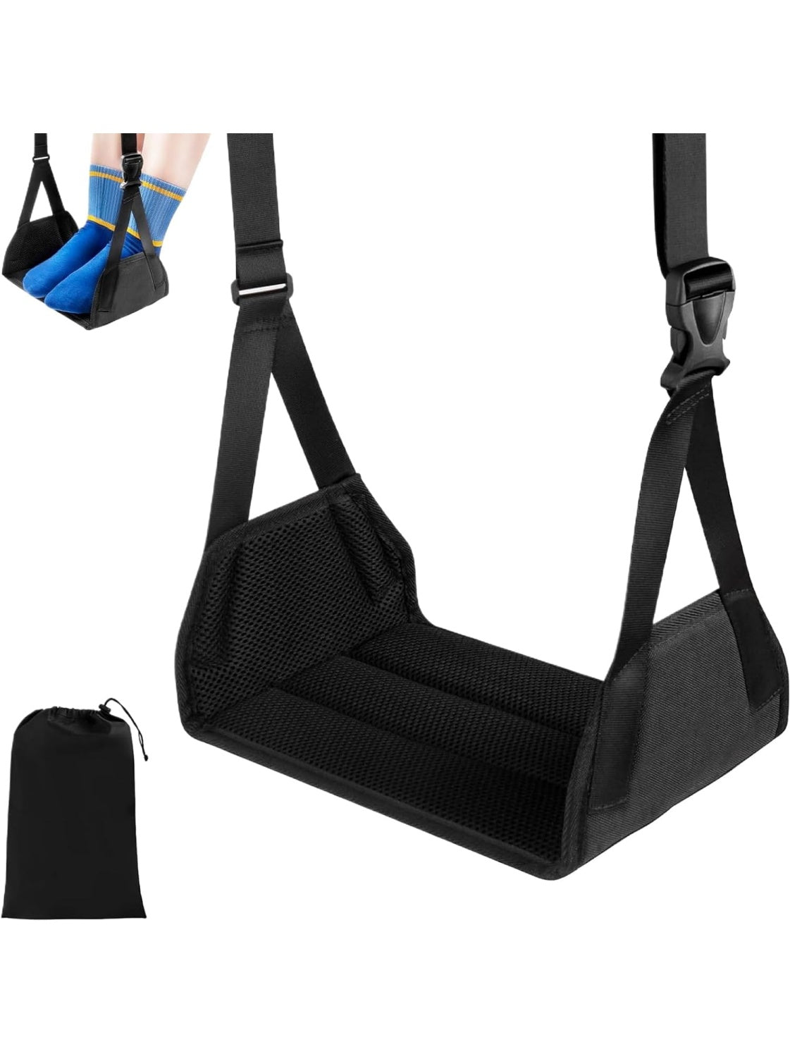 Soporte colgante ajustable para pies durante viajes en avion y desplazamientos largos