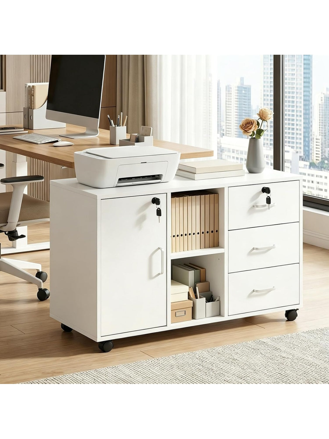 Mueble para Impresora con Ruedas, Tres Cajones Cerrados y Estantes de Almacenamiento