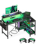 Escritorio Esquinero en L con LED, Estanteria Reversible, Tomas USB y Diseno Gaming