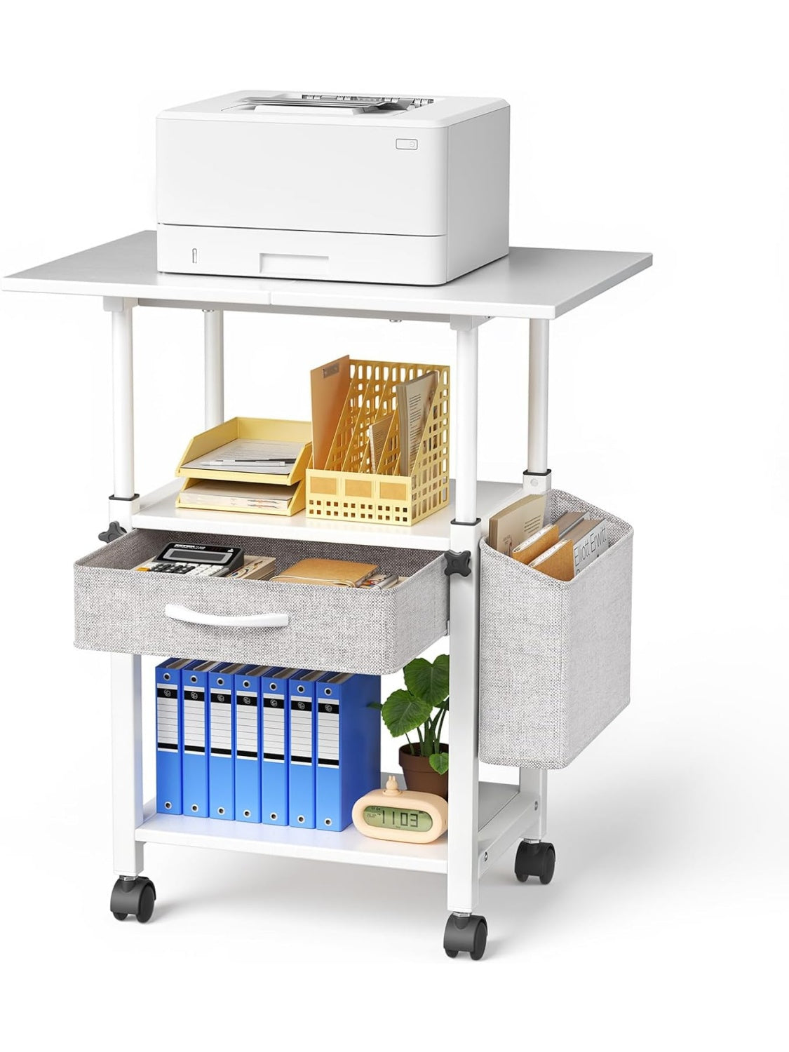 Estacion para Impresora con Tres Alturas Regulables Cajon de Almacenamiento y Bolsa Lateral